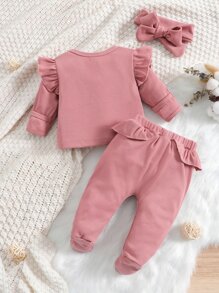 Baby Ruffle Trim Sleep Tee & Footed Trousers & Headband - Dusty Pink - View 2