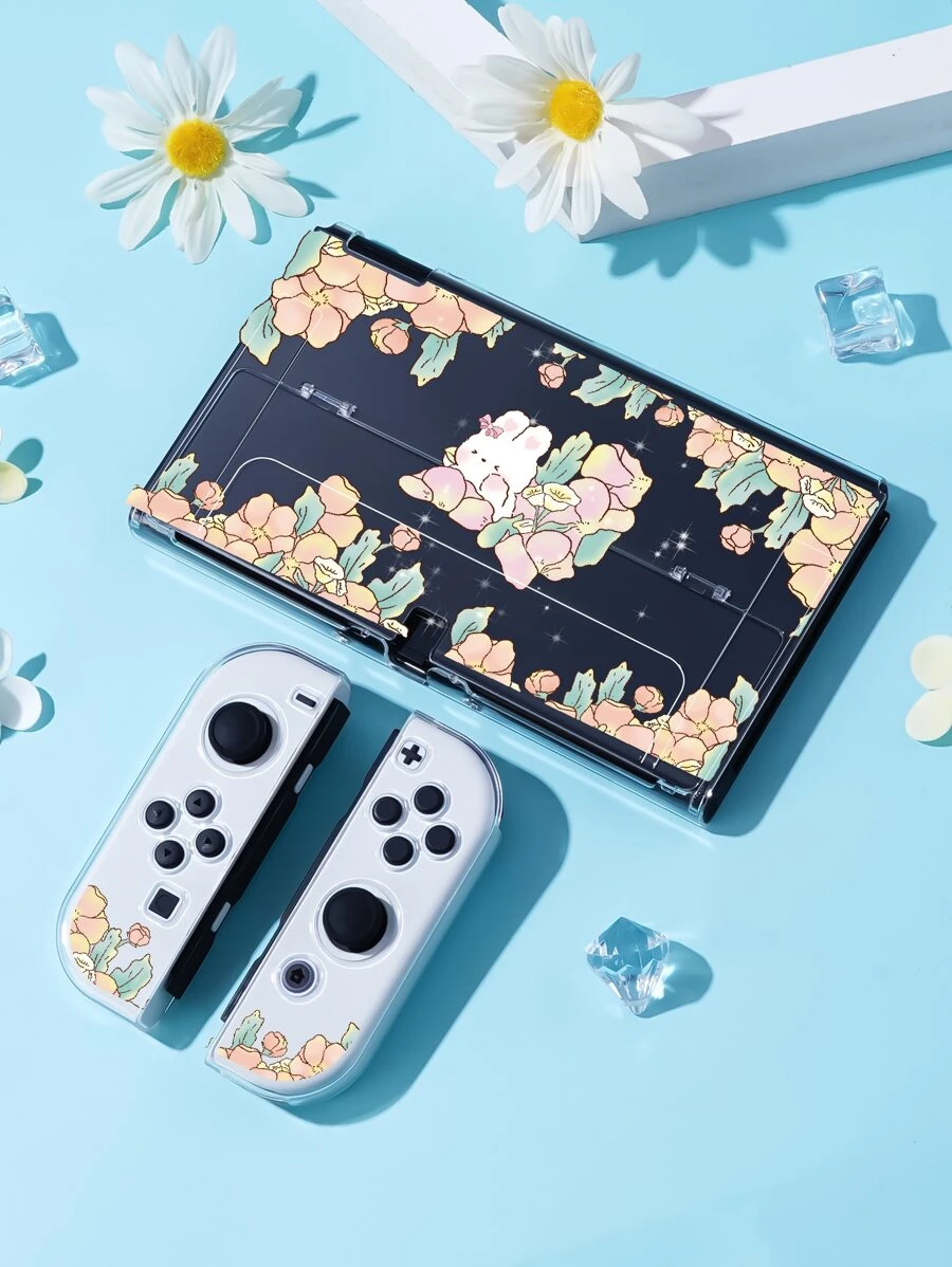 1pc Rabbit & Floral Pattern Case Compatible With Oled - Multicolor - View 1