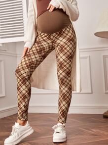 SHEIN 孕婦格紋印花可調節腰圍緊身打底褲 - 彩色 - 查看 3