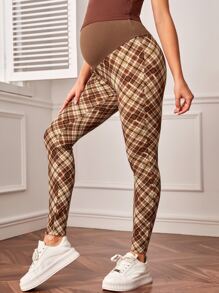 SHEIN 孕婦格紋印花可調節腰圍緊身打底褲 - 彩色 - 查看 5