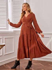 SHEIN Maternity Swiss Dot Ruffle Hem Belted Dress - Rust Brown - View 1