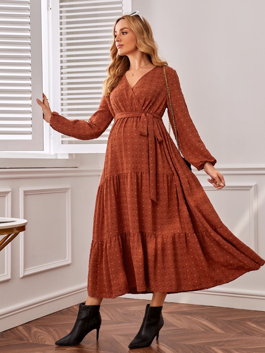 SHEIN Maternity Swiss Dot Ruffle Hem Belted Dress - Rust Brown - View 1