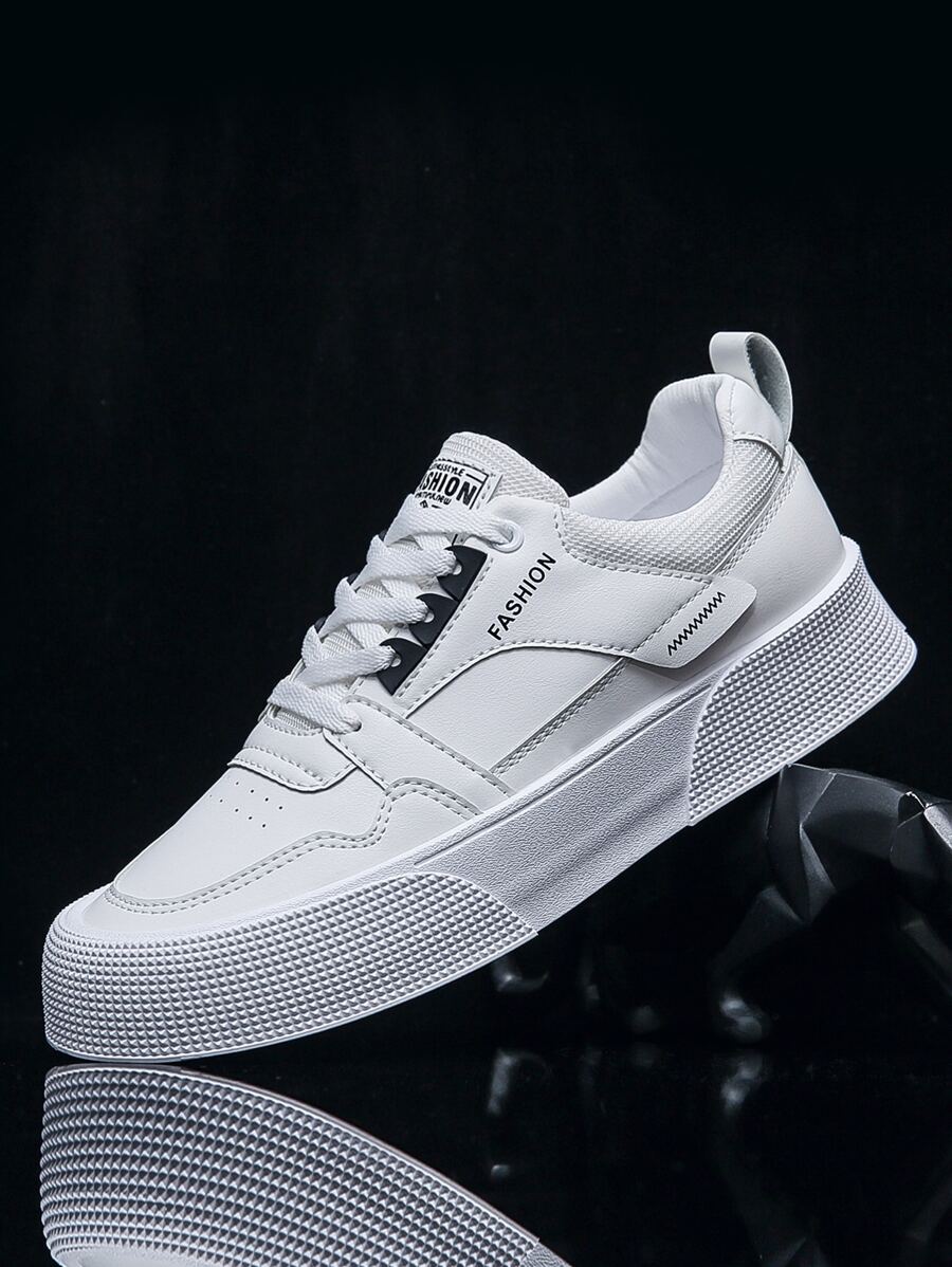 Men Letter Patch Decor Lace-up Front Perforated Detail Skate Shoes - White - View 1