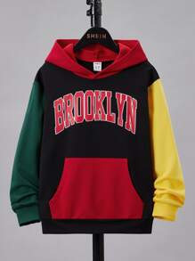 SHEIN 青少年男孩撞色字母图案袋鼠口袋卫衣 - 彩色 - 查看 1