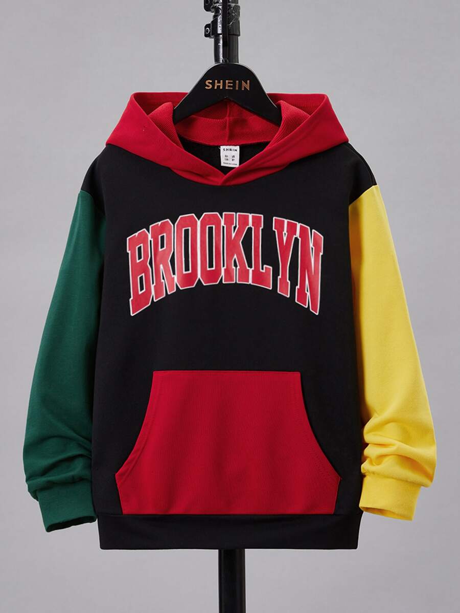 SHEIN 青少年男孩撞色字母图案袋鼠口袋卫衣 - 彩色 - 查看 1