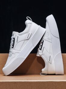 Men Letter Patch Decor Lace-up Front Perforated Detail Skate Shoes - White - View 2