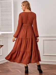 SHEIN Maternity Swiss Dot Ruffle Hem Belted Dress - Rust Brown - View 2