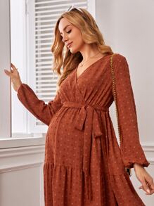 SHEIN Maternity Swiss Dot Ruffle Hem Belted Dress - Rust Brown - View 3