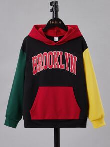 SHEIN 青少年男孩撞色字母图案袋鼠口袋卫衣 - 彩色 - 查看 3