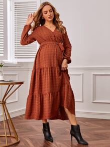 SHEIN Maternity Swiss Dot Ruffle Hem Belted Dress - Rust Brown - View 4