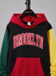 SHEIN 青少年男孩撞色字母图案袋鼠口袋卫衣 - 彩色 - 查看 4
