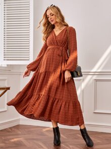 SHEIN Maternity Swiss Dot Ruffle Hem Belted Dress - Rust Brown - View 5
