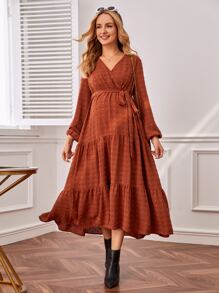 SHEIN Maternity Swiss Dot Ruffle Hem Belted Dress - Rust Brown - View 6