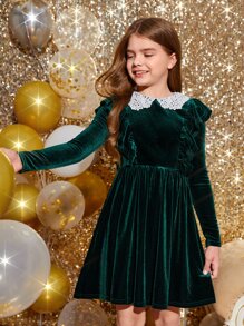SHEIN Girls Guipure Lace Collar Ruffle Trim Velvet Dress - Dark Green - View 5