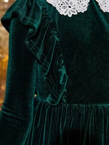 SHEIN Girls Guipure Lace Collar Ruffle Trim Velvet Dress - Dark Green - View 4