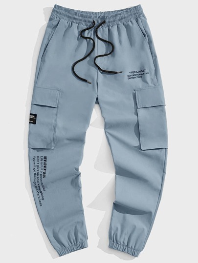 Guys Slogan Graphic Drawstring Waist Cargo Pants