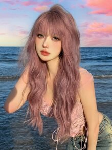 1入組26英寸長天然及真實的假髮,以合成纖維製成,能承受高溫,深粉色捲髮,有髮根,適用於日常使用