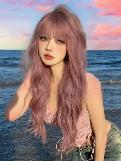 1入組26英寸長天然及真實的假髮,以合成纖維製成,能承受高溫,深粉色捲髮,有髮根,適用於日常使用