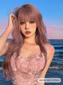 1入組26英寸長天然及真實的假髮,以合成纖維製成,能承受高溫,深粉色捲髮,有髮根,適用於日常使用