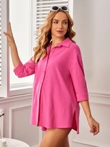 SHEIN Maternity Drop Shoulder Split Hem Shirt & Shorts - Pink - View 3