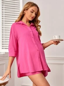 SHEIN Maternity Drop Shoulder Split Hem Shirt & Shorts - Pink - View 5