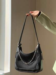 Chain Decor Textured Hobo Bag - Black - View 1
