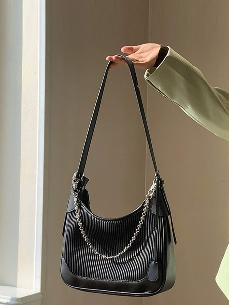 Chain Decor Textured Hobo Bag - Black - View 1