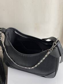 Chain Decor Textured Hobo Bag - Black - View 2