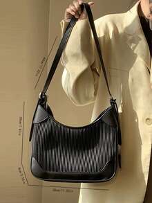Chain Decor Textured Hobo Bag - Black - View 3
