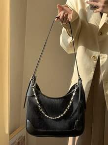 Chain Decor Textured Hobo Bag - Black - View 4