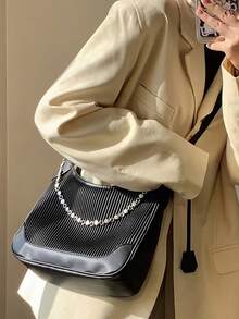 Chain Decor Textured Hobo Bag - Black - View 5