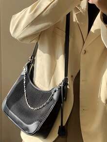 Chain Decor Textured Hobo Bag - Black - View 6