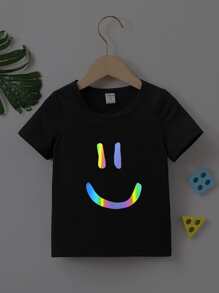 SHEIN Toddler Boys Reflective Expression Print Tee - Black - View 1