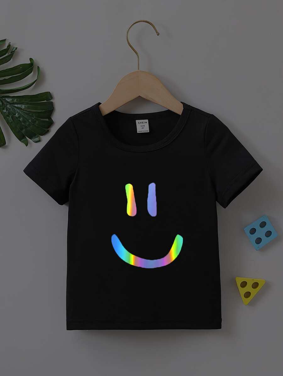 SHEIN Toddler Boys Reflective Expression Print Tee - Black - View 1