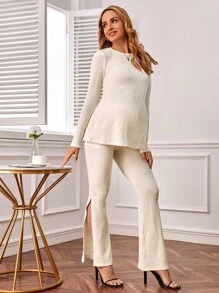 SHEIN Maternity Solid Tee & Flare Leg Trousers - Beige - View 3