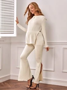 SHEIN Maternity Solid Tee & Flare Leg Trousers - Beige - View 4
