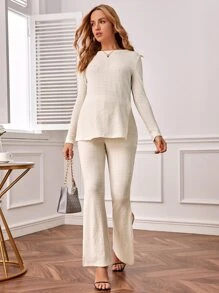 SHEIN Maternity Solid Tee & Flare Leg Trousers - Beige - View 5