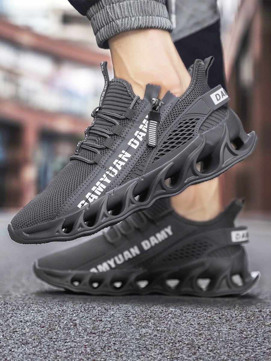 男士字母圖案拉鏈裝飾前綁帶跑步鞋時尚運動鞋 - 灰色 - 查看 1