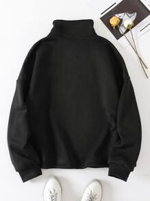 SHEIN EZwear Plus Letter & Floral Print Half Zip Sweatshirt - Black - View 2