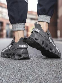 男士字母圖案拉鏈裝飾前綁帶跑步鞋時尚運動鞋 - 灰色 - 查看 4