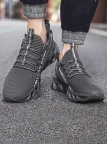 男士字母圖案拉鏈裝飾前綁帶跑步鞋時尚運動鞋 - 灰色 - 查看 5