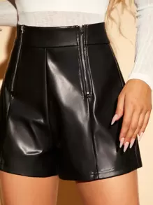 SHEIN BAE 高腰拉鏈細節PU皮革闊腿短褲 - 黑色 - 查看 3