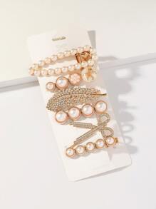 6 piezas Horquilla con diseño de diamante de imitación y perla artificial - Multicolor - Ver 1