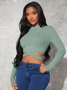SHEIN SXY Crisscross Hem Crop Tee - Mint Green - View 1