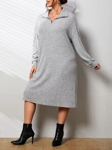 SHEIN Essnce 大碼落肩袖條紋針織落肩袖連衣裙不附腰帶 - 淺灰色 - 查看 3