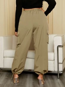 SHEIN SXY Plus Flap Pocket Drawstring Waist Cargo Trousers - Khaki - View 3