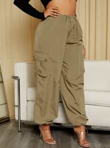 SHEIN SXY Plus Flap Pocket Drawstring Waist Cargo Trousers - Khaki - View 4