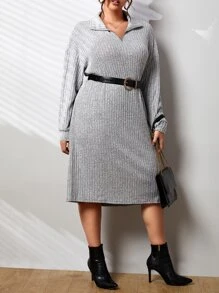 SHEIN Essnce 大碼落肩袖條紋針織落肩袖連衣裙不附腰帶 - 淺灰色 - 查看 5