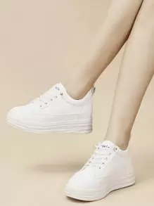 Letter Graphic Lace-up Front Wedge Sneakers - White - View 1