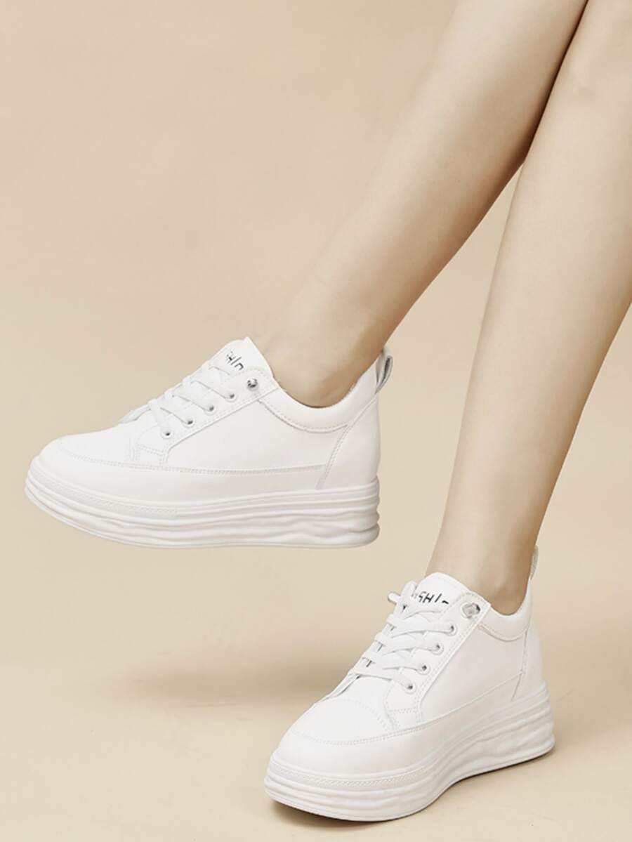 Letter Graphic Lace-up Front Wedge Sneakers - White - View 1
